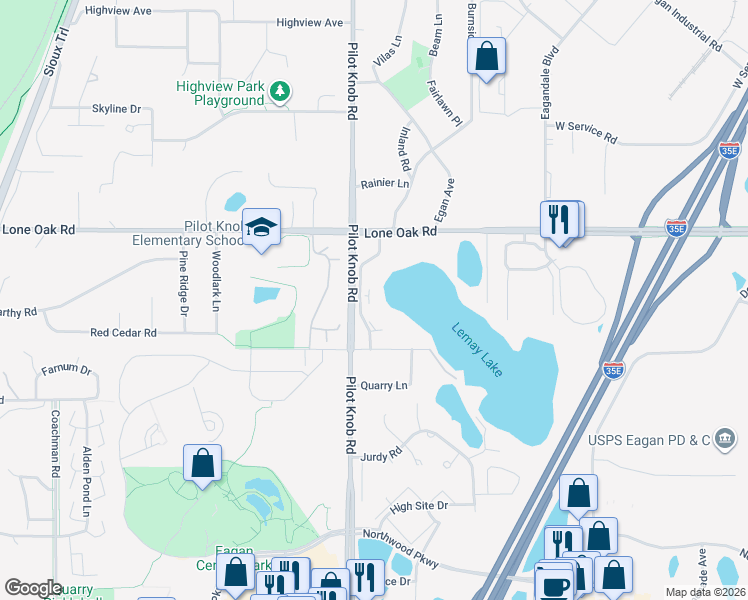 map of restaurants, bars, coffee shops, grocery stores, and more near 3050 Shields Drive in Eagan