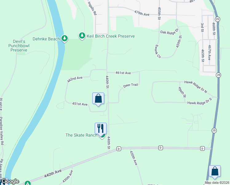 map of restaurants, bars, coffee shops, grocery stores, and more near N4548 440th Street in Menomonie