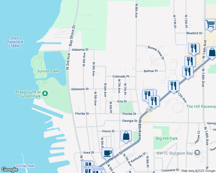 map of restaurants, bars, coffee shops, grocery stores, and more near 839 North 6th Avenue in Sturgeon Bay