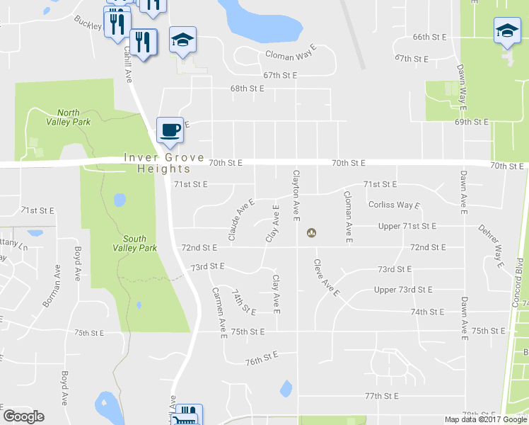 map of restaurants, bars, coffee shops, grocery stores, and more near 7143-7151 Clay Avenue East in Inver Grove Heights