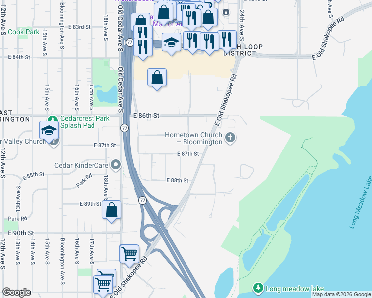 map of restaurants, bars, coffee shops, grocery stores, and more near 8700 21st Avenue South in Bloomington