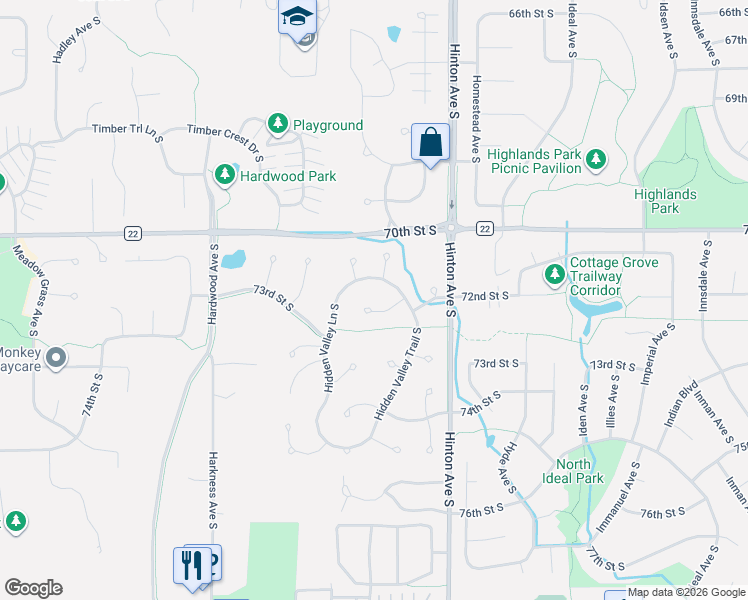 map of restaurants, bars, coffee shops, grocery stores, and more near 7657 72nd Street Court South in Cottage Grove