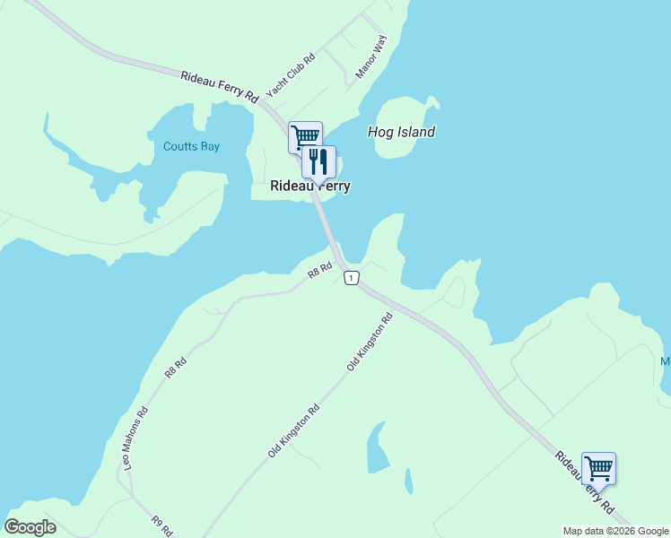 map of restaurants, bars, coffee shops, grocery stores, and more near 0 Rideau Ferry Road in Lombardy