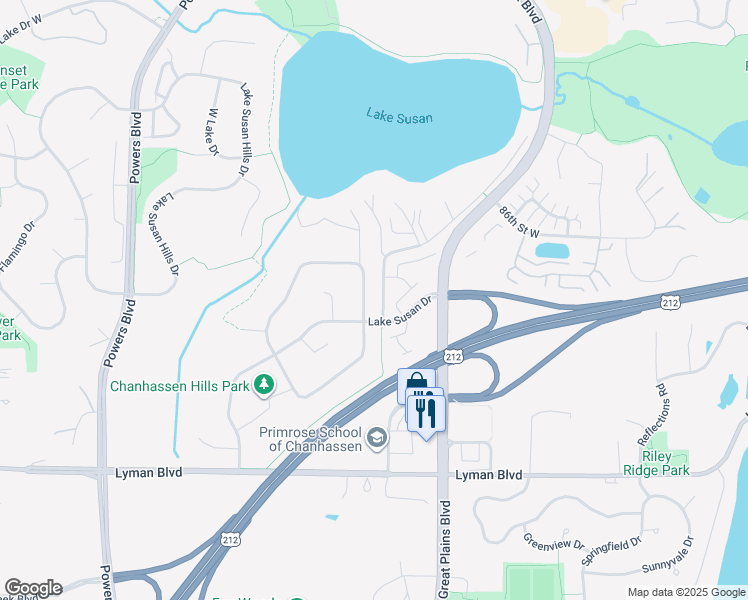 map of restaurants, bars, coffee shops, grocery stores, and more near 8715 Chanhassen Hills Drive North in Chanhassen