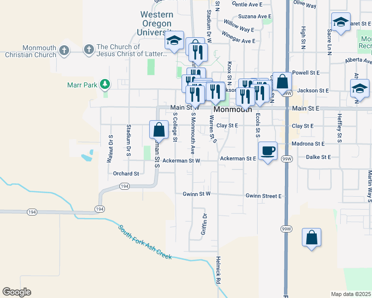 map of restaurants, bars, coffee shops, grocery stores, and more near 254 Ackerman Street West in Monmouth