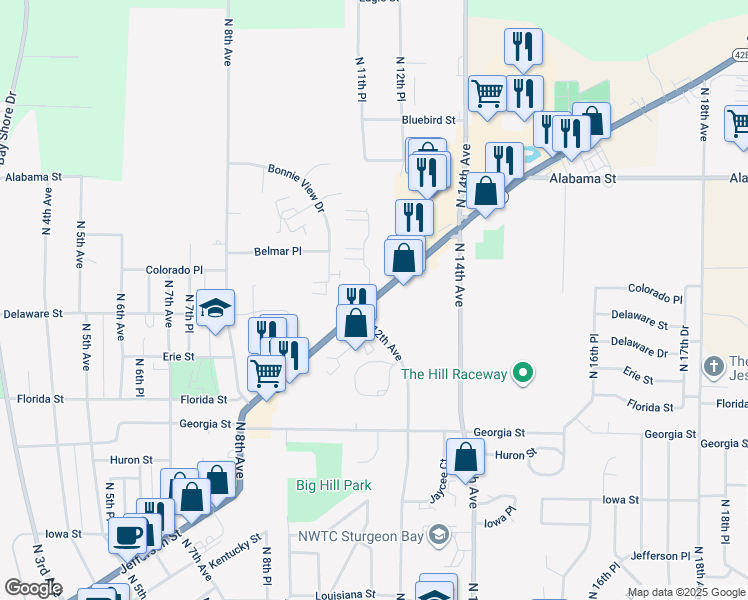 map of restaurants, bars, coffee shops, grocery stores, and more near 1032 Egg Harbor Road in Sturgeon Bay