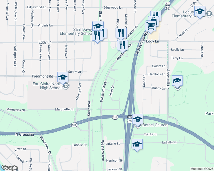 map of restaurants, bars, coffee shops, grocery stores, and more near 2665 Western Avenue in Eau Claire