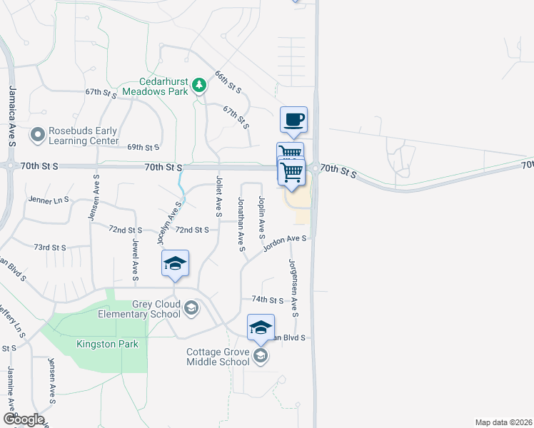 map of restaurants, bars, coffee shops, grocery stores, and more near 7173 Joplin Avenue South in Cottage Grove