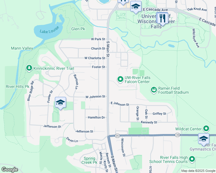 map of restaurants, bars, coffee shops, grocery stores, and more near 1129 South Main Street in River Falls