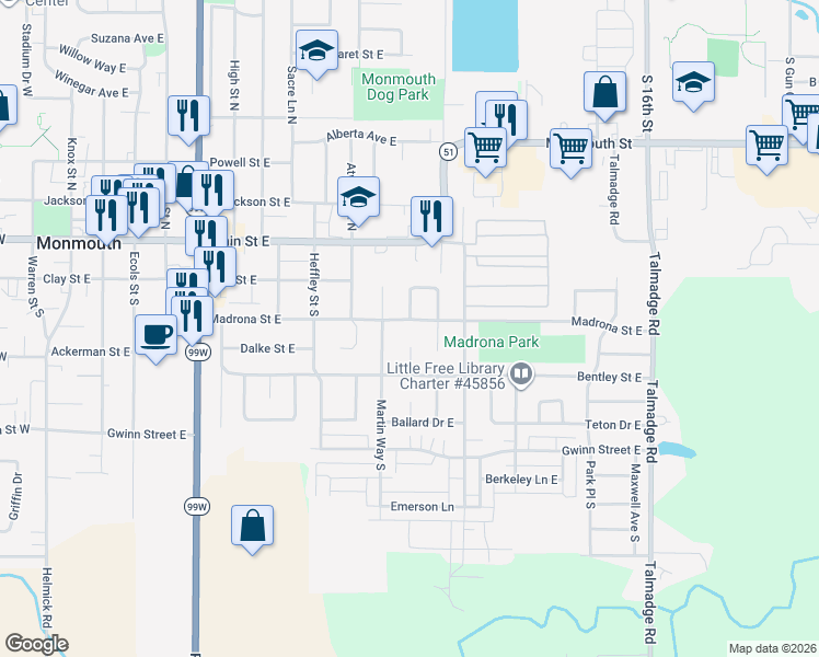map of restaurants, bars, coffee shops, grocery stores, and more near 359 Glen Oak Court East in Monmouth