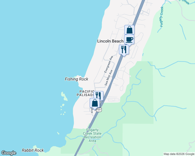 map of restaurants, bars, coffee shops, grocery stores, and more near 3550 Evergreen Avenue in Depoe Bay