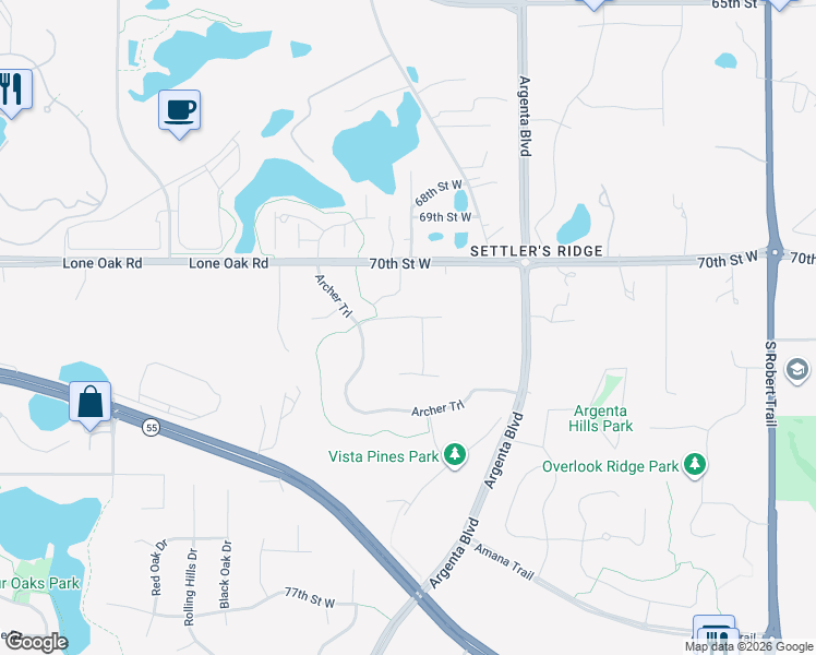 map of restaurants, bars, coffee shops, grocery stores, and more near 7164 Arkansas Avenue in Inver Grove Heights