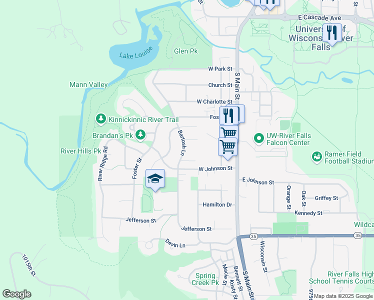 map of restaurants, bars, coffee shops, grocery stores, and more near 1240 Bartosh Lane in River Falls