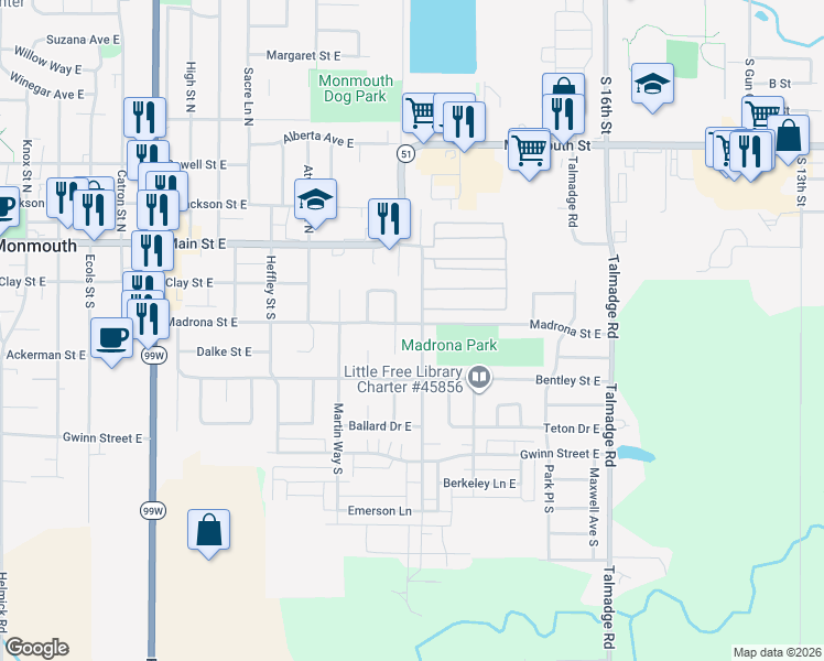 map of restaurants, bars, coffee shops, grocery stores, and more near 1477 Madrona Street East in Monmouth