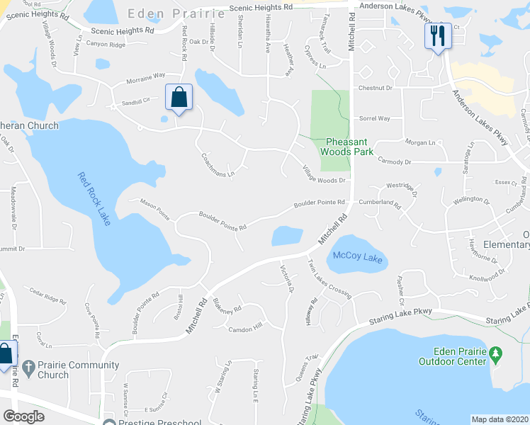 map of restaurants, bars, coffee shops, grocery stores, and more near 14830 Boulder Pointe Road in Eden Prairie