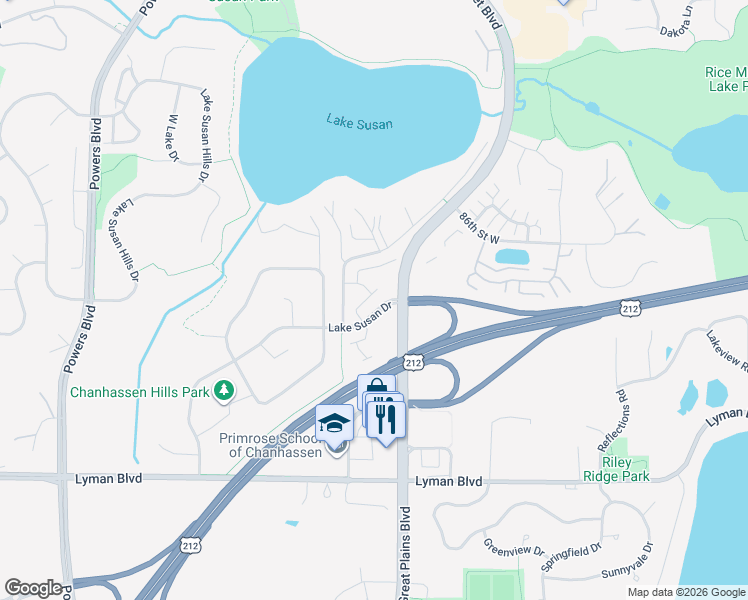 map of restaurants, bars, coffee shops, grocery stores, and more near 721 Lake Susan Drive in Chanhassen