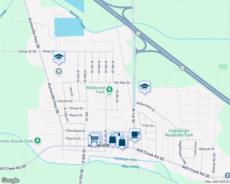 map of restaurants, bars, coffee shops, grocery stores, and more near 395 Del Mar Drive in Aumsville