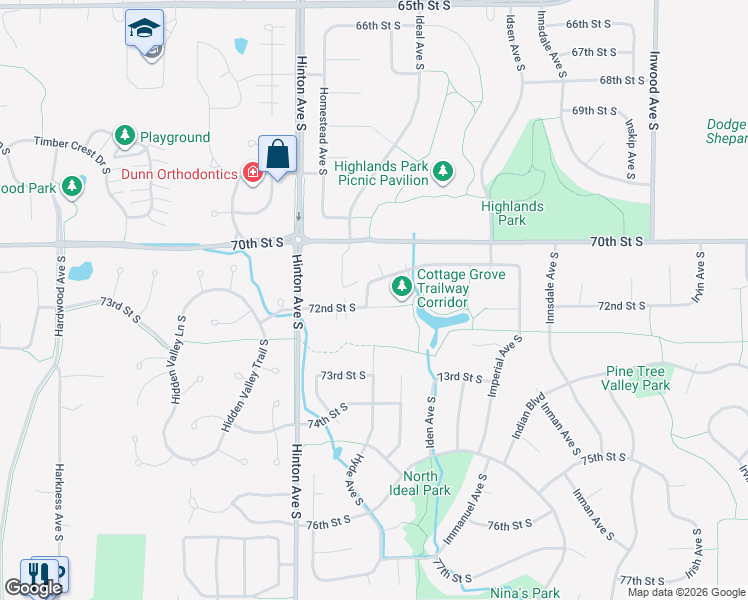 map of restaurants, bars, coffee shops, grocery stores, and more near 7155 Hyde Avenue South in Cottage Grove