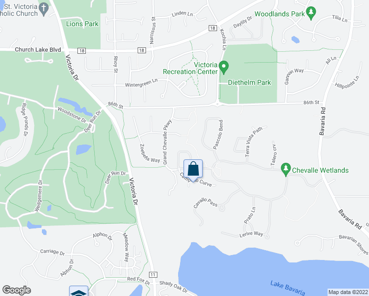 map of restaurants, bars, coffee shops, grocery stores, and more near 3947 Valencia Lane in Chaska