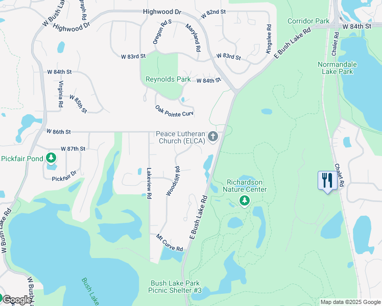 map of restaurants, bars, coffee shops, grocery stores, and more near 8629 Wood Cliff Road in Minneapolis