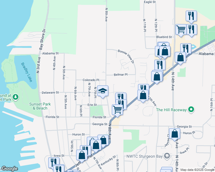 map of restaurants, bars, coffee shops, grocery stores, and more near 754 Colorado Street in Sturgeon Bay