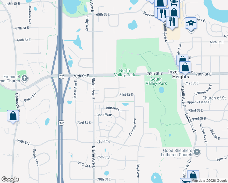 map of restaurants, bars, coffee shops, grocery stores, and more near 7075 Blake Path in Inver Grove Heights