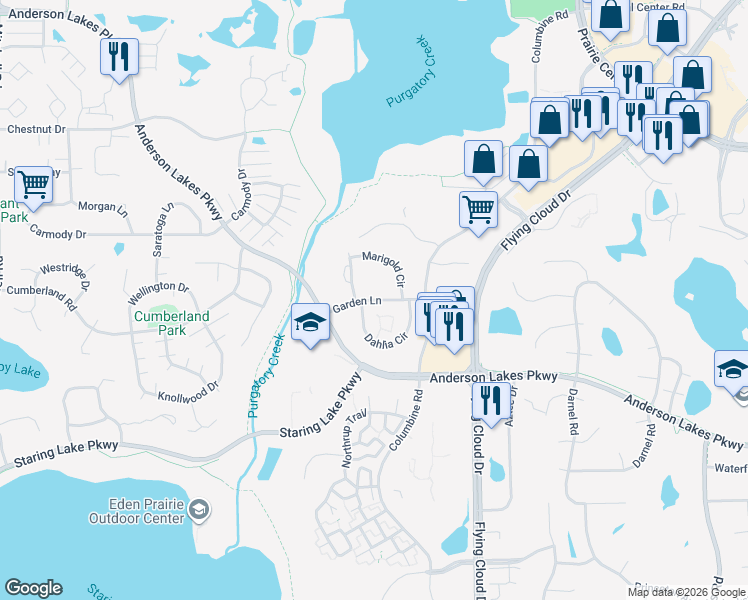 map of restaurants, bars, coffee shops, grocery stores, and more near Garden Lane in Eden Prairie