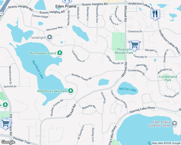 map of restaurants, bars, coffee shops, grocery stores, and more near 14991 Williamsburg Court in Eden Prairie
