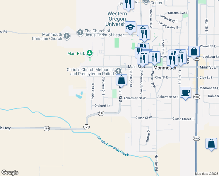 map of restaurants, bars, coffee shops, grocery stores, and more near 235 Cherry Lane South in Monmouth