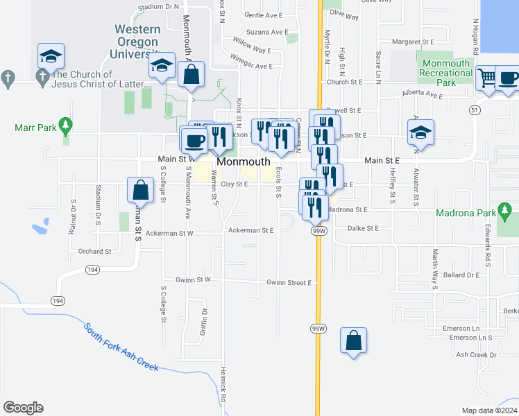 map of restaurants, bars, coffee shops, grocery stores, and more near 241 Broad Street North in Monmouth