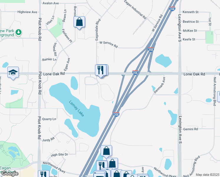 map of restaurants, bars, coffee shops, grocery stores, and more near 1250 Lone Oak Road in Eagan