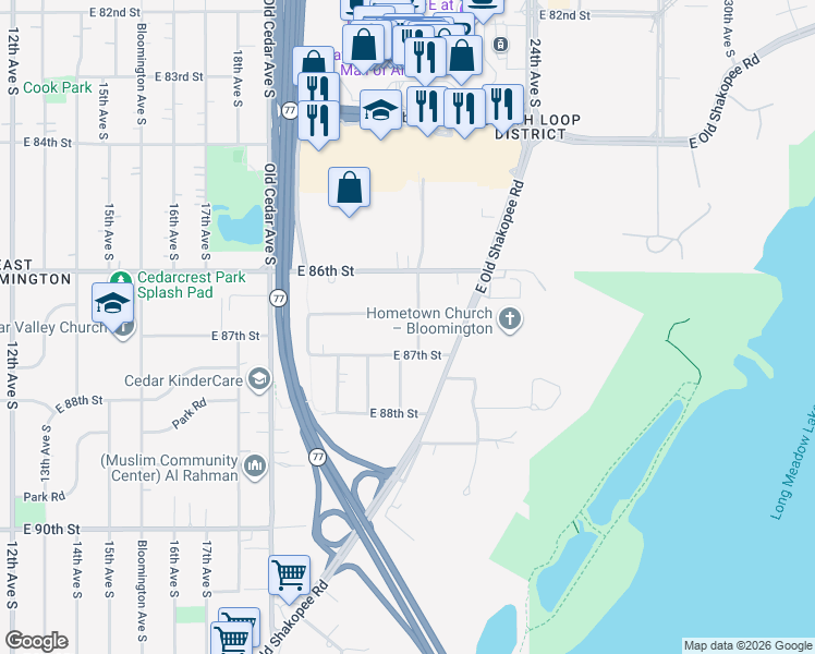 map of restaurants, bars, coffee shops, grocery stores, and more near 2018 East 86th 1/2 Street in Bloomington