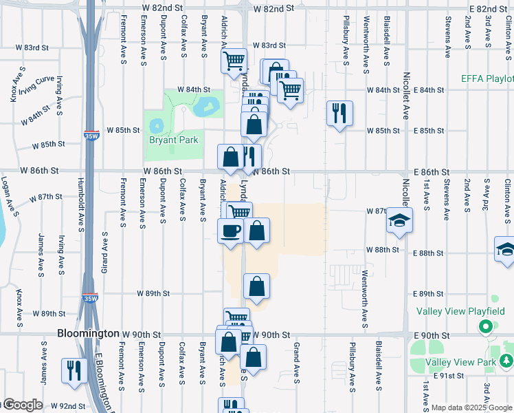 map of restaurants, bars, coffee shops, grocery stores, and more near 8609 Lyndale Avenue South in Bloomington