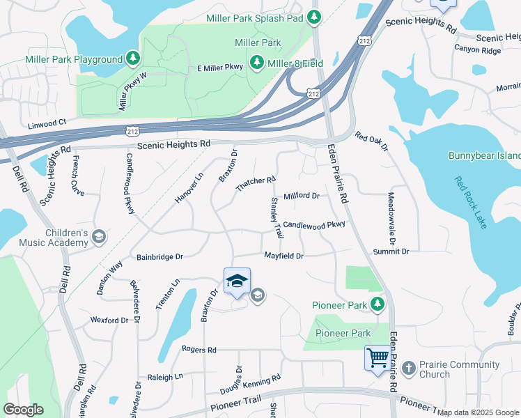 map of restaurants, bars, coffee shops, grocery stores, and more near 16687 Thatcher Road in Eden Prairie