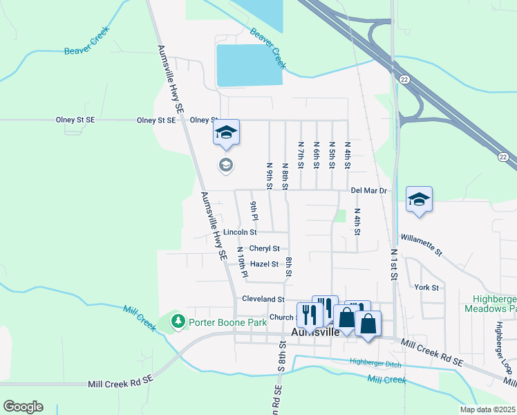 map of restaurants, bars, coffee shops, grocery stores, and more near 715 North 9th Street in Aumsville