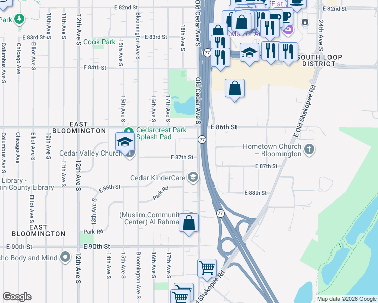 map of restaurants, bars, coffee shops, grocery stores, and more near 8660 Old Cedar Avenue South in Bloomington