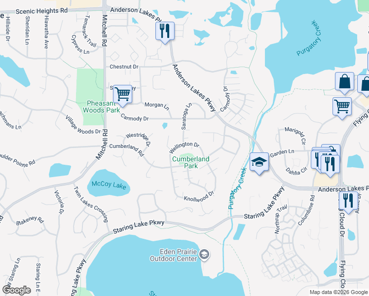 map of restaurants, bars, coffee shops, grocery stores, and more near 13967 Wellington Drive in Eden Prairie