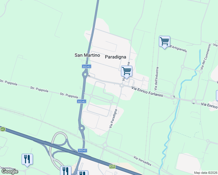 map of restaurants, bars, coffee shops, grocery stores, and more near 9 Via Enrico Forlanini in Parma
