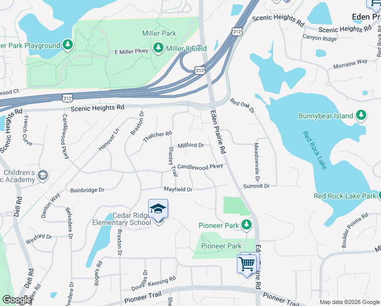 map of restaurants, bars, coffee shops, grocery stores, and more near 16369 Millford Drive in Eden Prairie