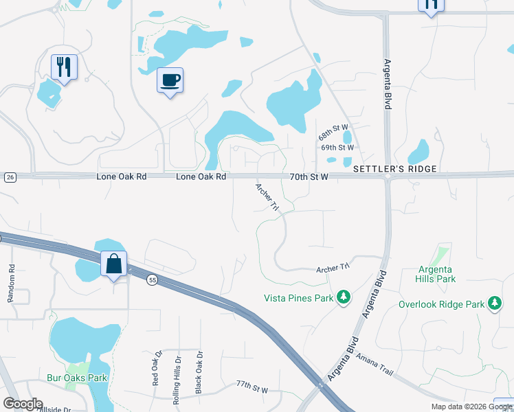 map of restaurants, bars, coffee shops, grocery stores, and more near 7057 Arlo Way in Inver Grove Heights