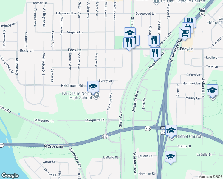 map of restaurants, bars, coffee shops, grocery stores, and more near 2008 Piedmont Road in Eau Claire