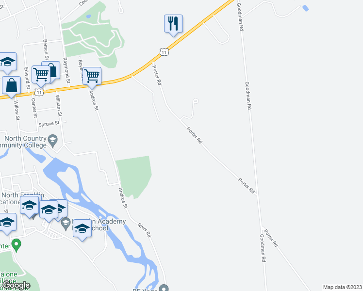 map of restaurants, bars, coffee shops, grocery stores, and more near 86 Porter Road in Malone