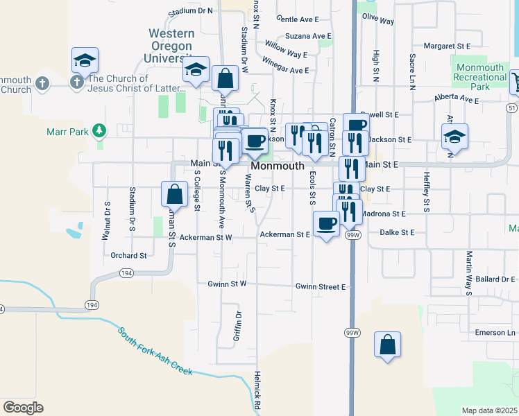 map of restaurants, bars, coffee shops, grocery stores, and more near 245 Warren Street South in Monmouth
