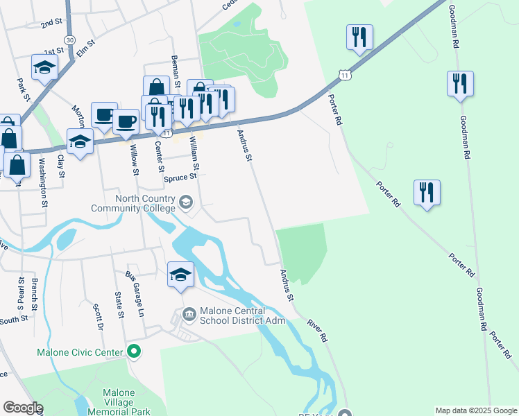 map of restaurants, bars, coffee shops, grocery stores, and more near 1-69 Andrus St in Malone