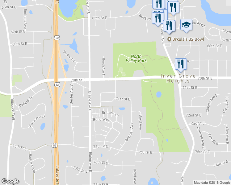 map of restaurants, bars, coffee shops, grocery stores, and more near Bovey Avenue East in Inver Grove Heights