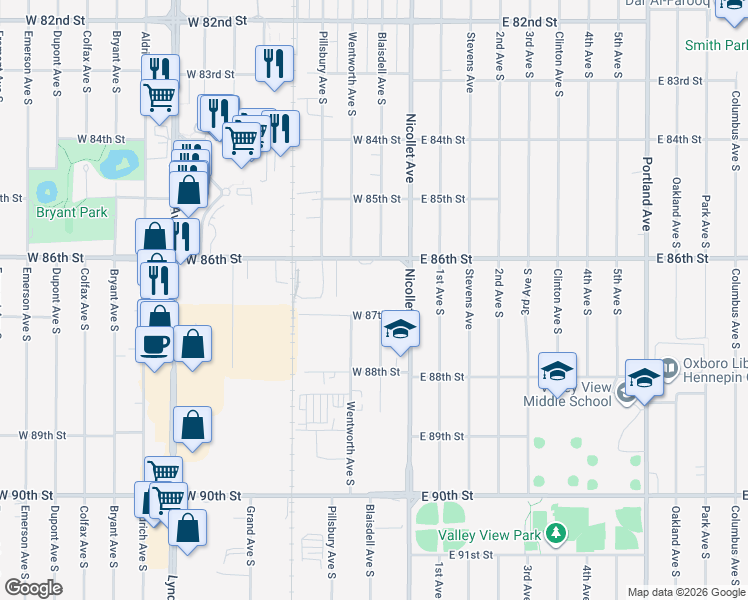 map of restaurants, bars, coffee shops, grocery stores, and more near 8641 Wentworth Avenue South in Minneapolis
