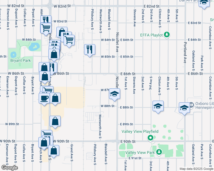 map of restaurants, bars, coffee shops, grocery stores, and more near 8641 Wentworth Avenue South in Minneapolis
