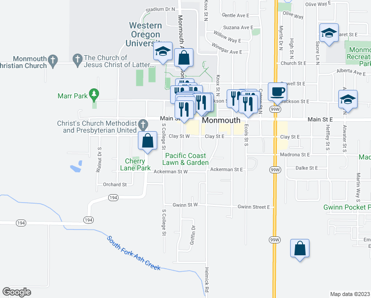 map of restaurants, bars, coffee shops, grocery stores, and more near 275 South Monmouth Avenue in Monmouth