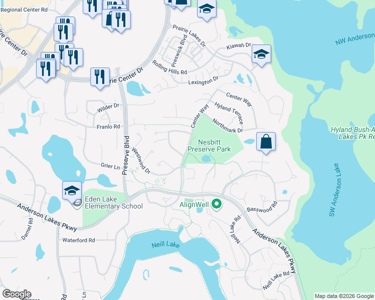 map of restaurants, bars, coffee shops, grocery stores, and more near 8629 Center Way in Eden Prairie