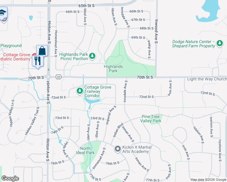 map of restaurants, bars, coffee shops, grocery stores, and more near 7130 Imperial Avenue South in Cottage Grove